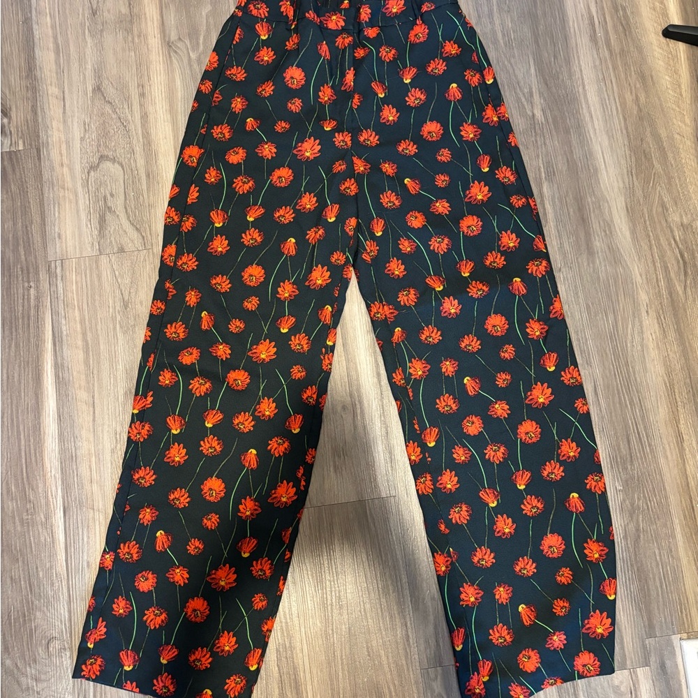 H&M Black Pants with Red Floral Print